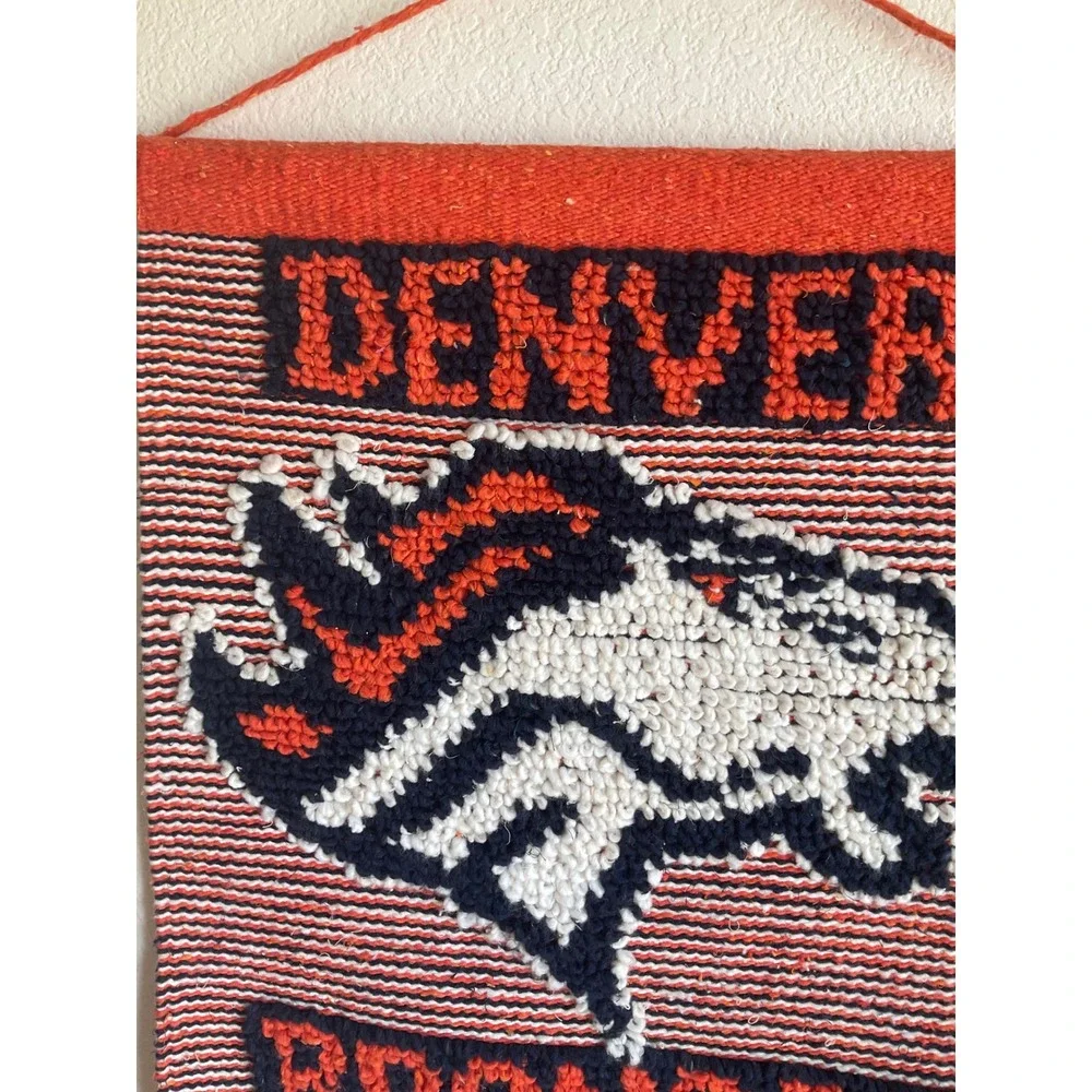 Vintage Denver Broncos Woven Wall Hanging Textile Art Orange‎ Blue Fringe NFL